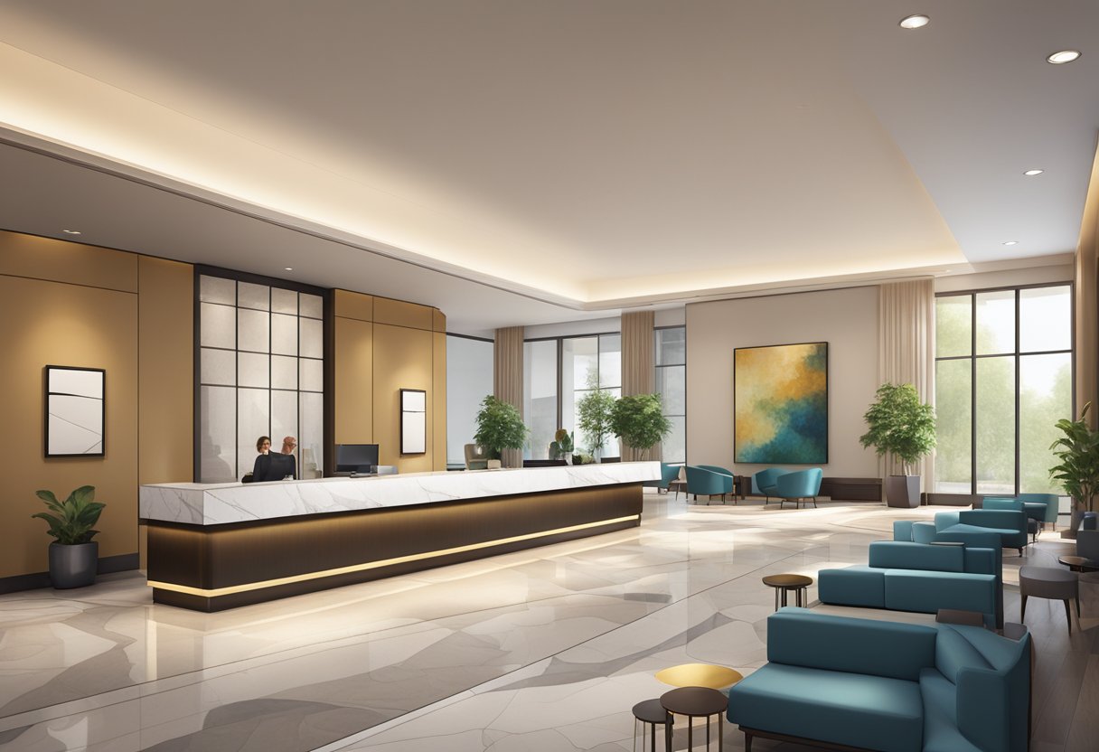 A modern hotel lobby with sleek furniture, a stylish reception desk, and a welcoming atmosphere. The space is filled with natural light and adorned with contemporary art pieces
