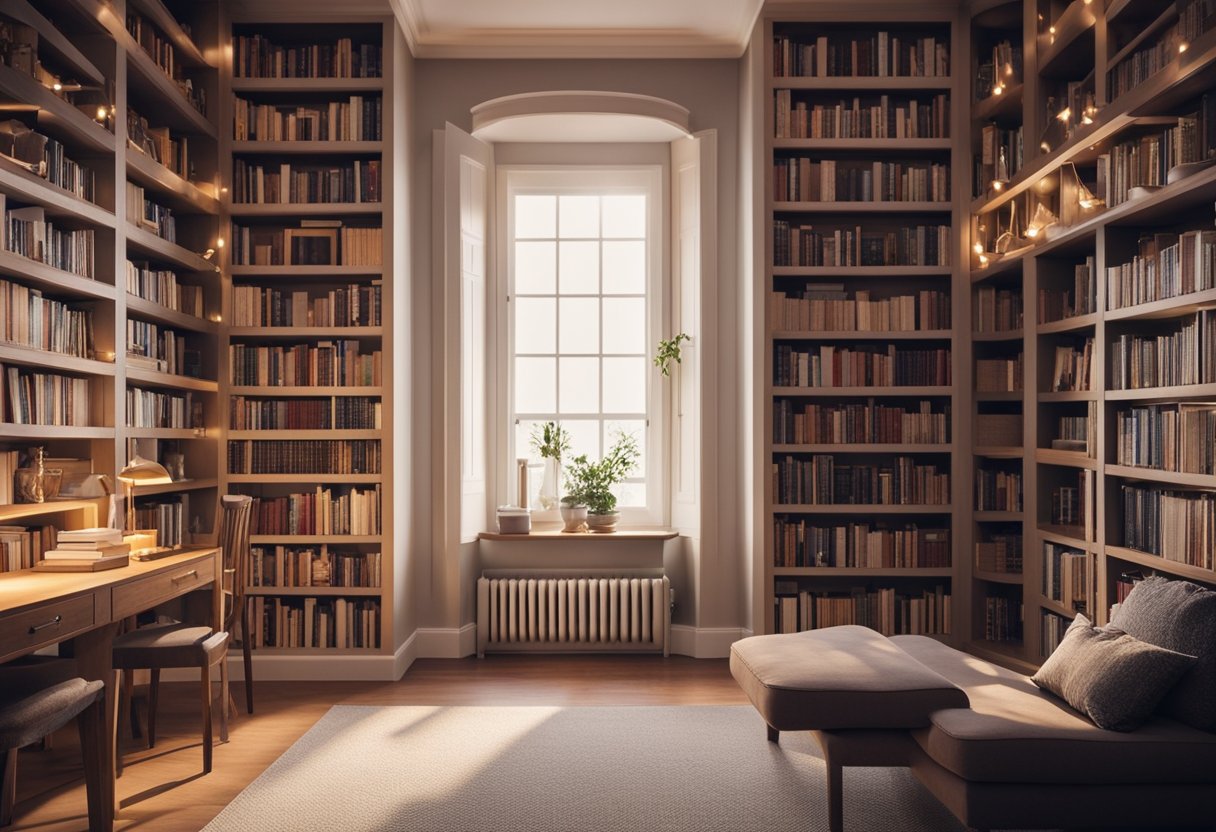 A cozy home library with warm, soft lighting illuminating bookshelves and reading nooks. The color temperature is inviting and the brightness is just right for comfortable reading