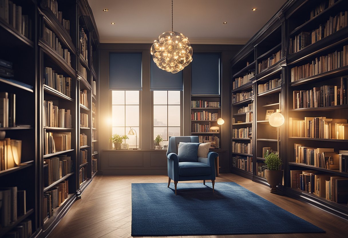 Soft, warm light from incandescent bulbs illuminates a cozy home library. Cool, blue-tinted LED bulbs highlight bookshelves, creating a perfect reading ambiance