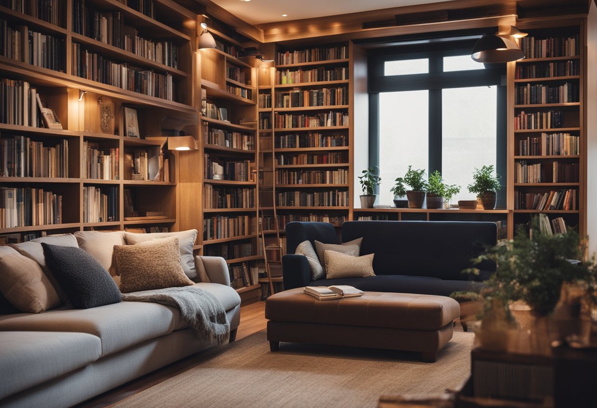 A cozy home library with warm, adjustable lighting illuminating bookshelves and a comfortable reading nook
