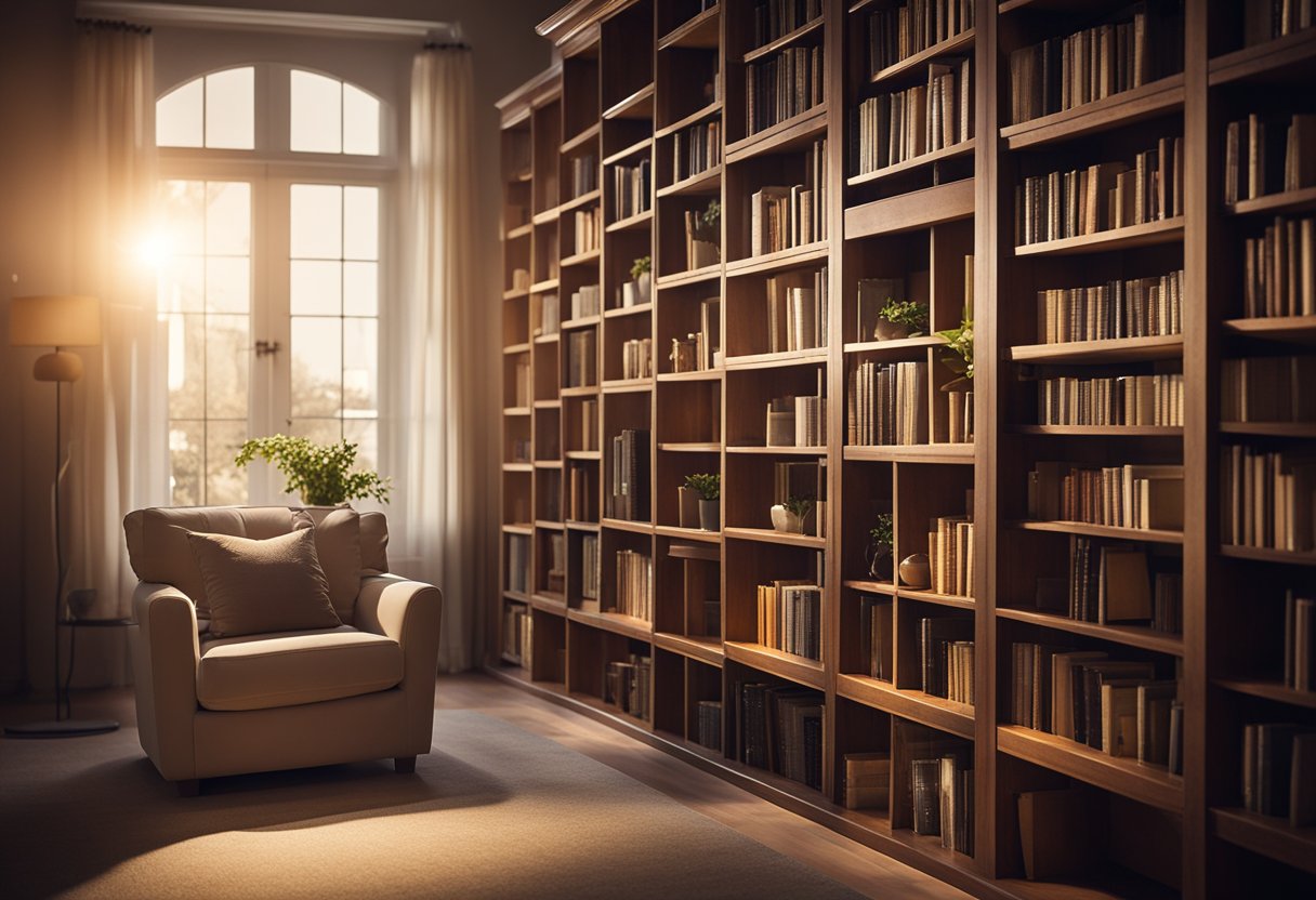 Soft, warm light fills a cozy home library. A dimmer switch adjusts the brightness, highlighting bookshelves and comfortable reading nooks