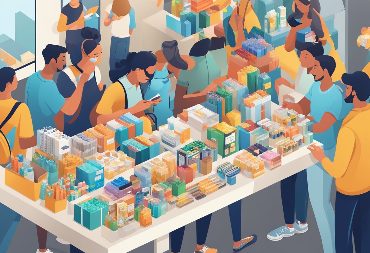 A table overflowing with various free samples and promotional items, surrounded by eager consumers grabbing and examining the products