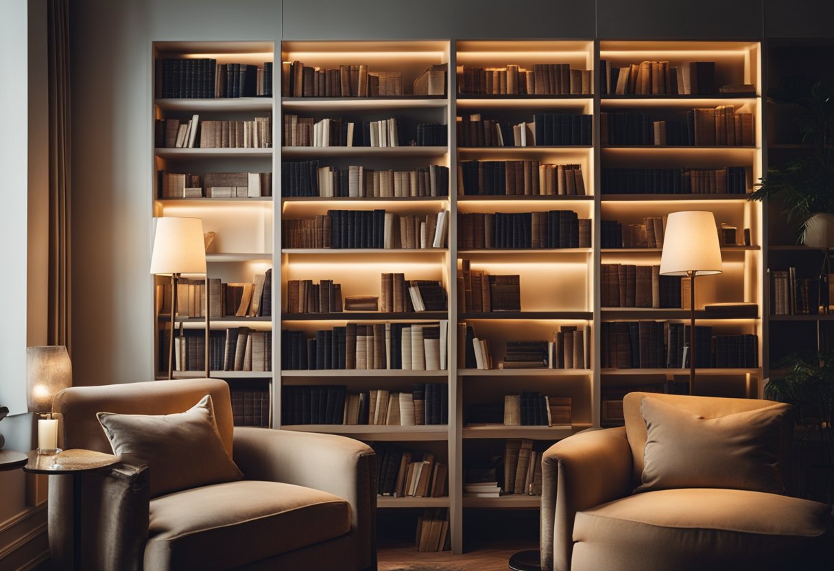 Soft, warm light cascades from elegant floor lamps and adjustable wall sconces, illuminating cozy reading nooks and highlighting the intricate details of bookshelves and comfortable seating