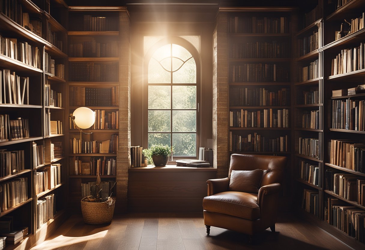 A cozy home library with natural light pouring in through large windows, supplemented by energy-efficient LED task lighting and warm ambient lighting to create a sustainable and inviting reading space