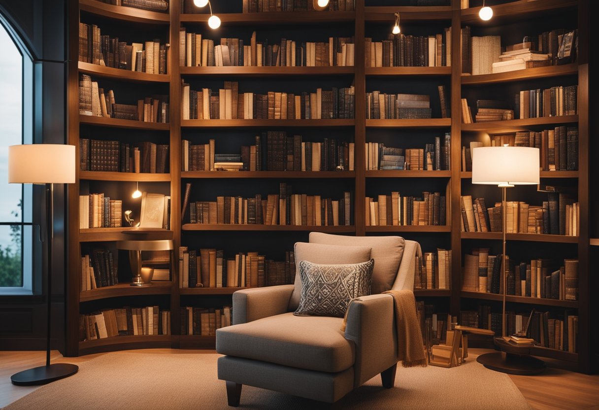 A cozy home library with warm, soft lighting, casting a gentle glow over shelves of books and comfortable reading nooks