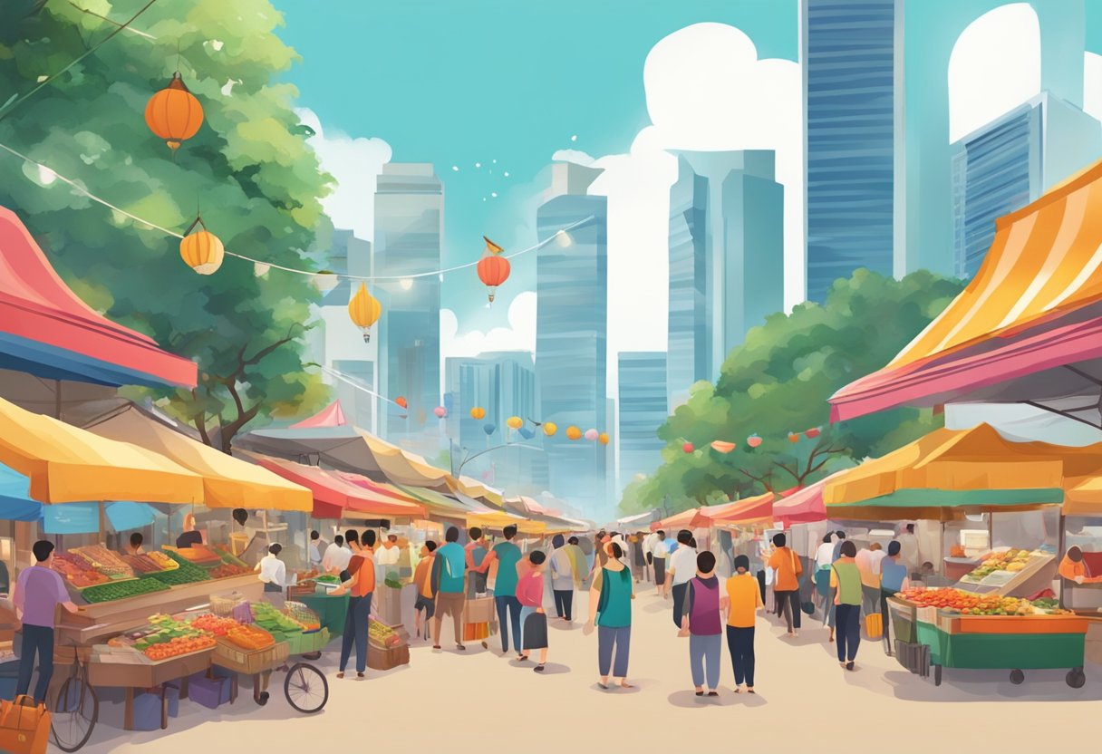 A bustling street market in Singapore, filled with colorful stalls and lively music. The air is filled with the aroma of sizzling street food and the chatter of excited shoppers
