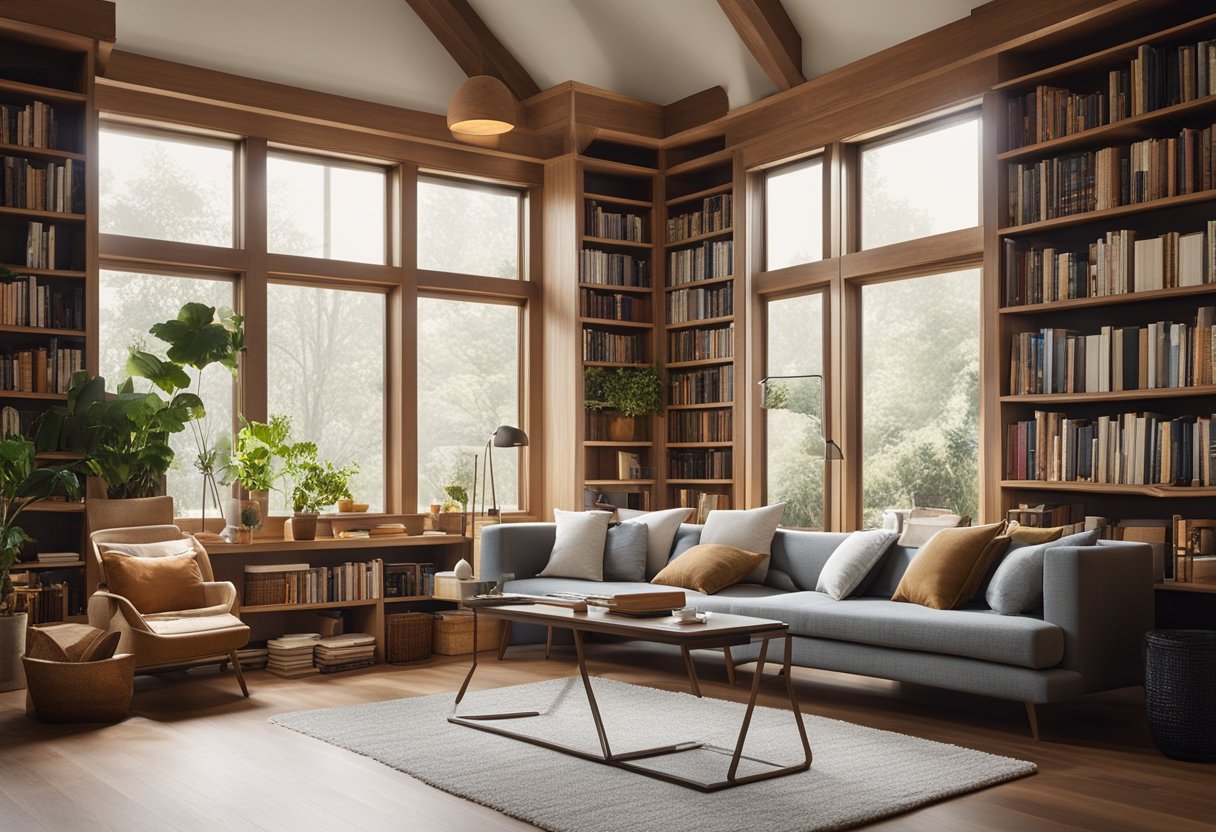 A cozy home library with natural light filtering through energy-efficient windows, supplemented by warm LED task lighting, creating a sustainable and inviting reading environment