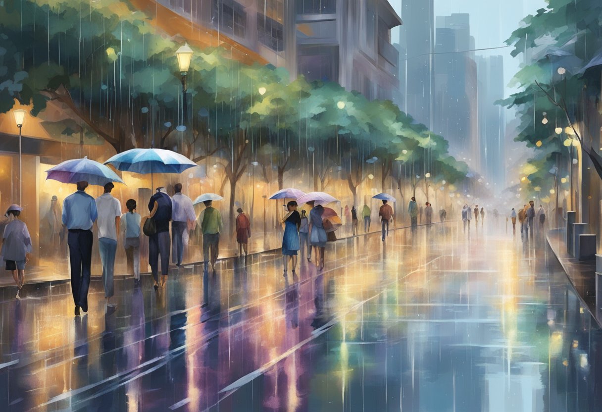 Rain pours down on the streets of Singapore, creating a shimmering sheen on the pavement. The cityscape is blurred by the falling water, and umbrellas dot the landscape