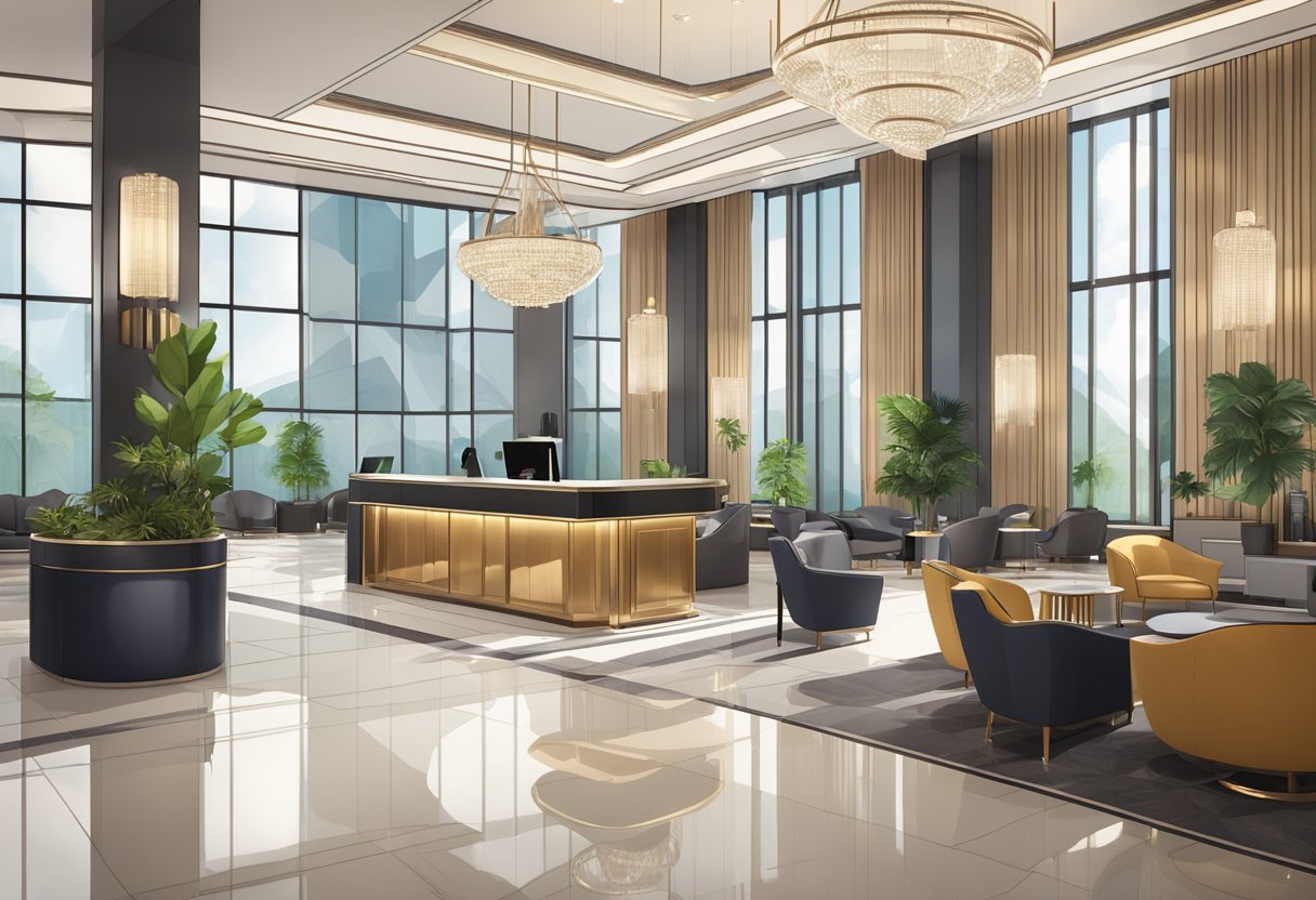 The hotel lobby is adorned with modern furniture and a striking chandelier. A sleek reception desk is staffed by friendly employees. A luxurious pool and fitness center are visible through glass doors