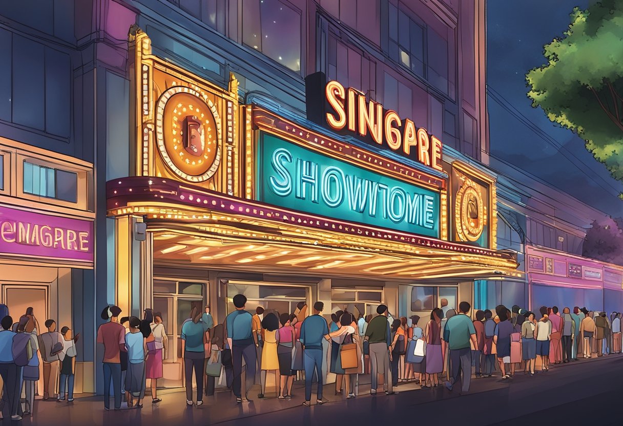A movie theater marquee displays "Singapore Cinema Showtime" with colorful lights and a bustling crowd outside