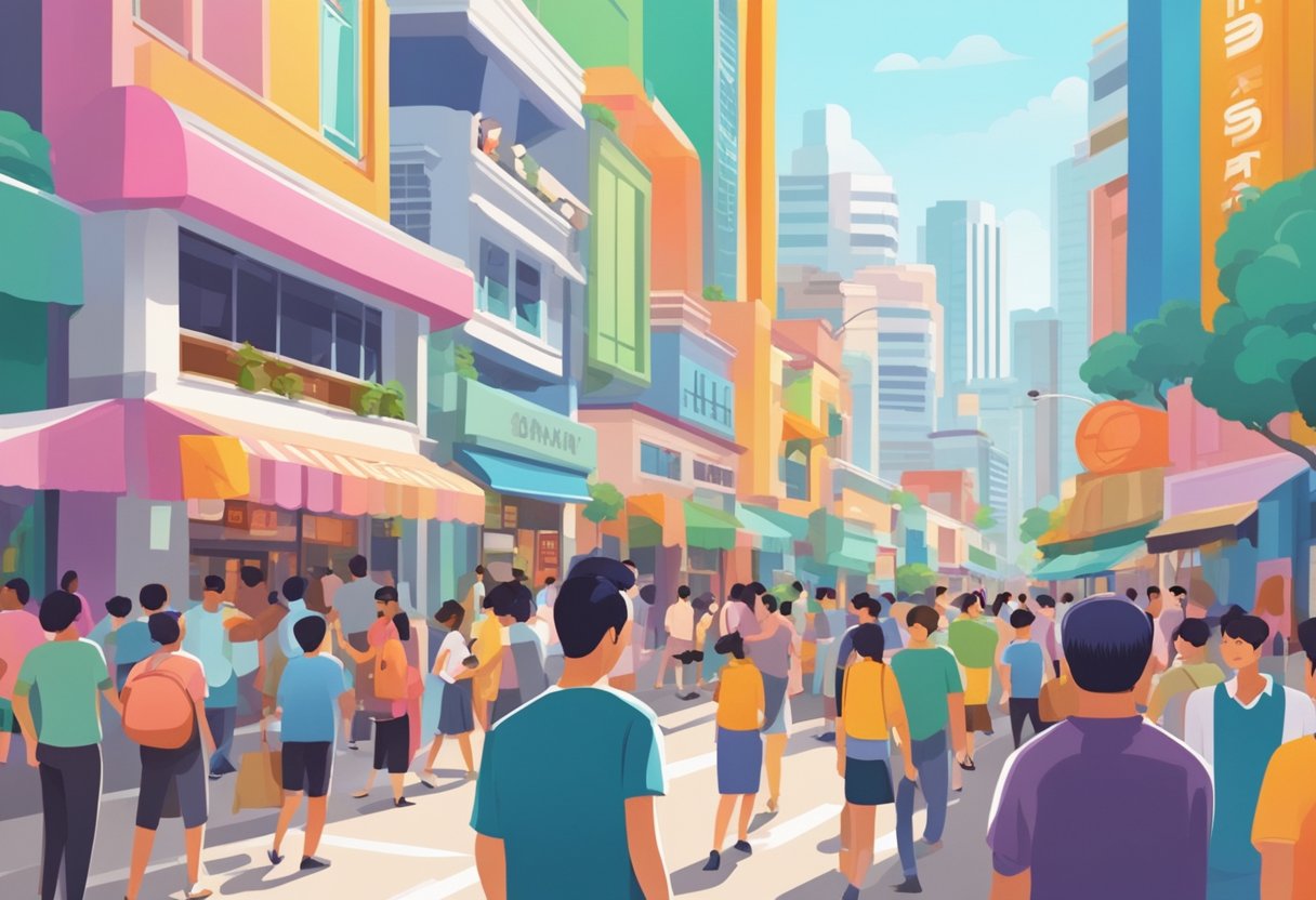 A bustling street in Singapore with colorful storefronts and a crowd of people. The iconic Pop Mart sign stands out against the vibrant backdrop