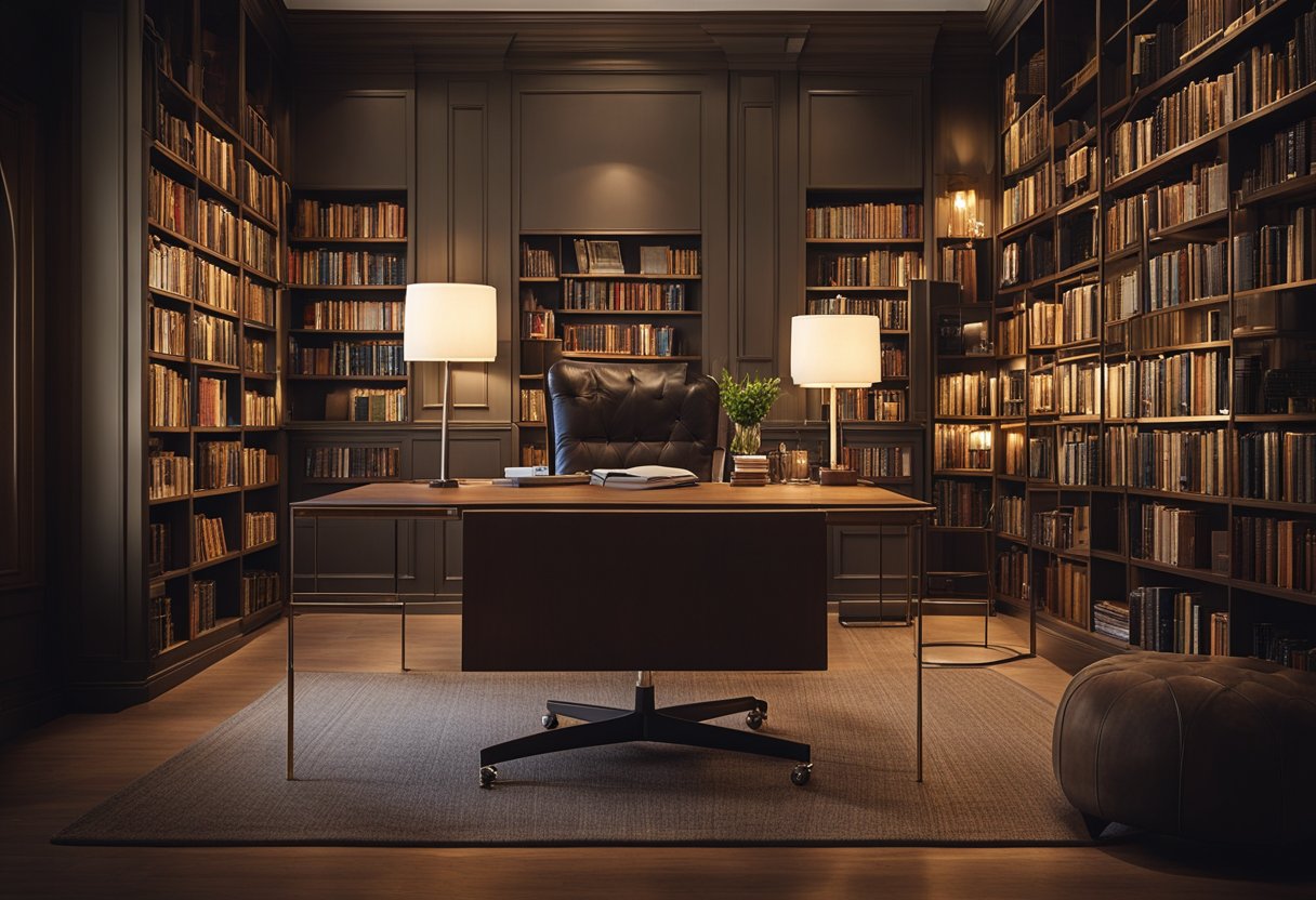 A cozy home library with warm, ambient lighting from elegant floor lamps and adjustable task lighting for reading and studying