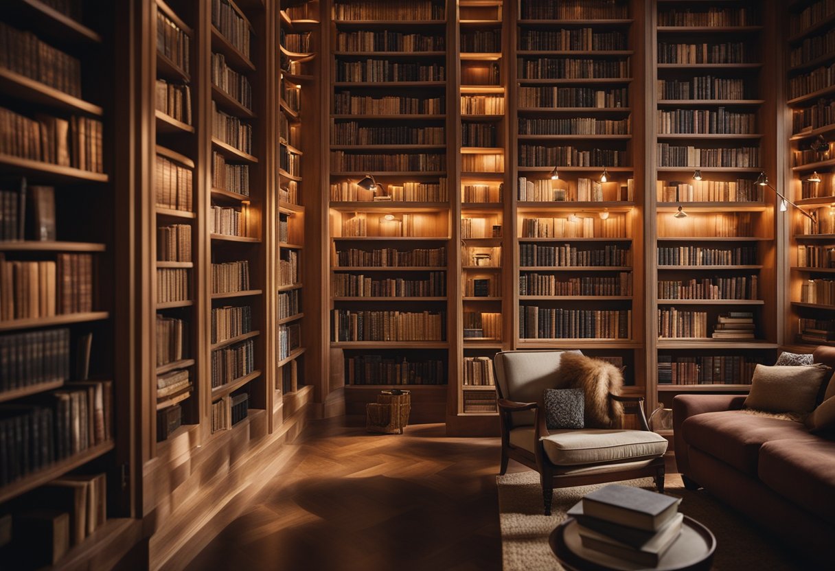 A cozy home library with warm, soft lighting casting a gentle glow on the bookshelves. The light creates a perfect reading ambiance, highlighting the rows of books and inviting readers to immerse themselves in a good book