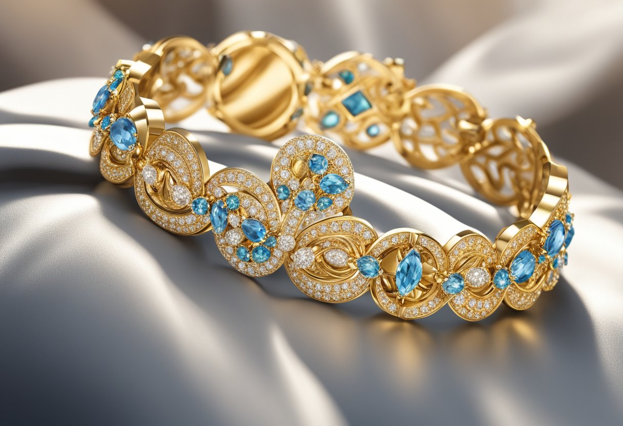 A glimmering gold bracelet rests on a velvet cushion in a luxurious Singapore jewelry shop