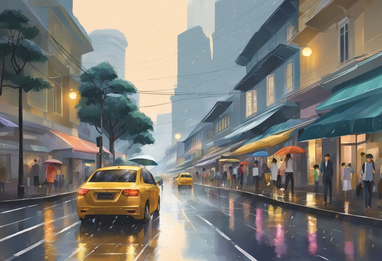 Heavy rain pours down on the bustling streets of Singapore, creating a glistening sheen on the pavement and causing umbrellas to dot the landscape