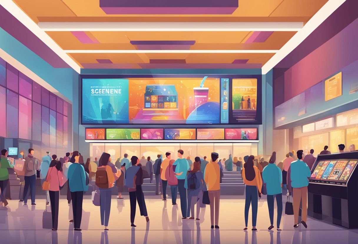 A bustling cinema lobby with colorful movie posters, ticket kiosks, and a digital showtime display. People gather in anticipation of the next screening
