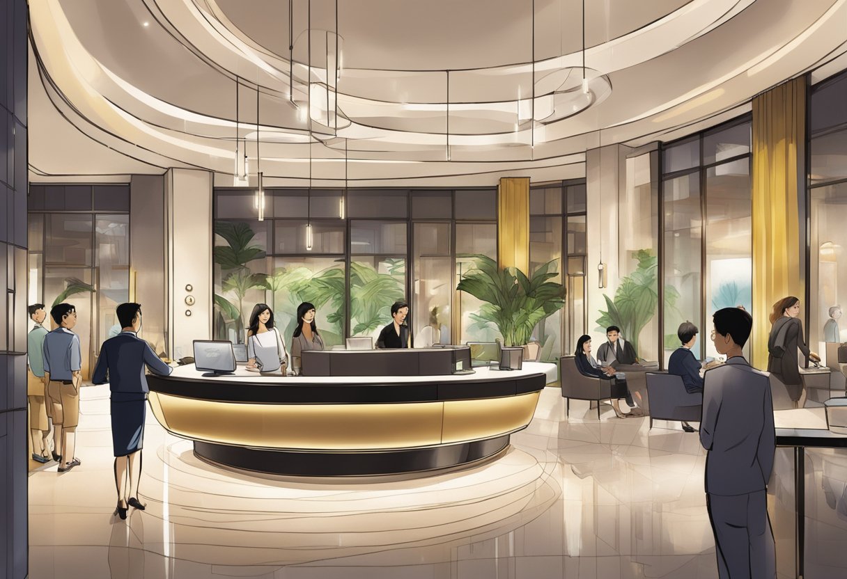 The lobby of Naumi Hotel Singapore bustles with guests asking questions at the front desk. The modern decor and chic lighting create a welcoming atmosphere