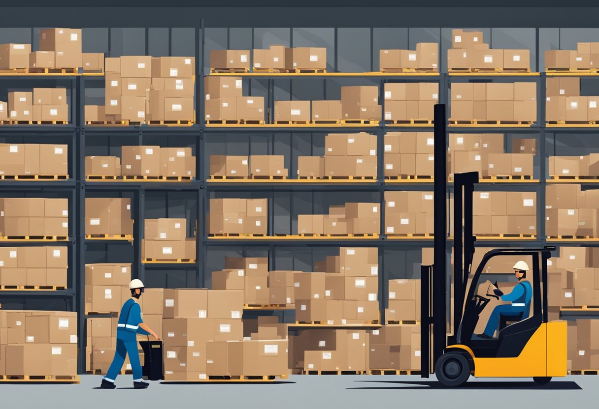 A bustling warehouse with stacked crates and forklifts in motion. Busy workers load and unload shipments under the glow of industrial lights