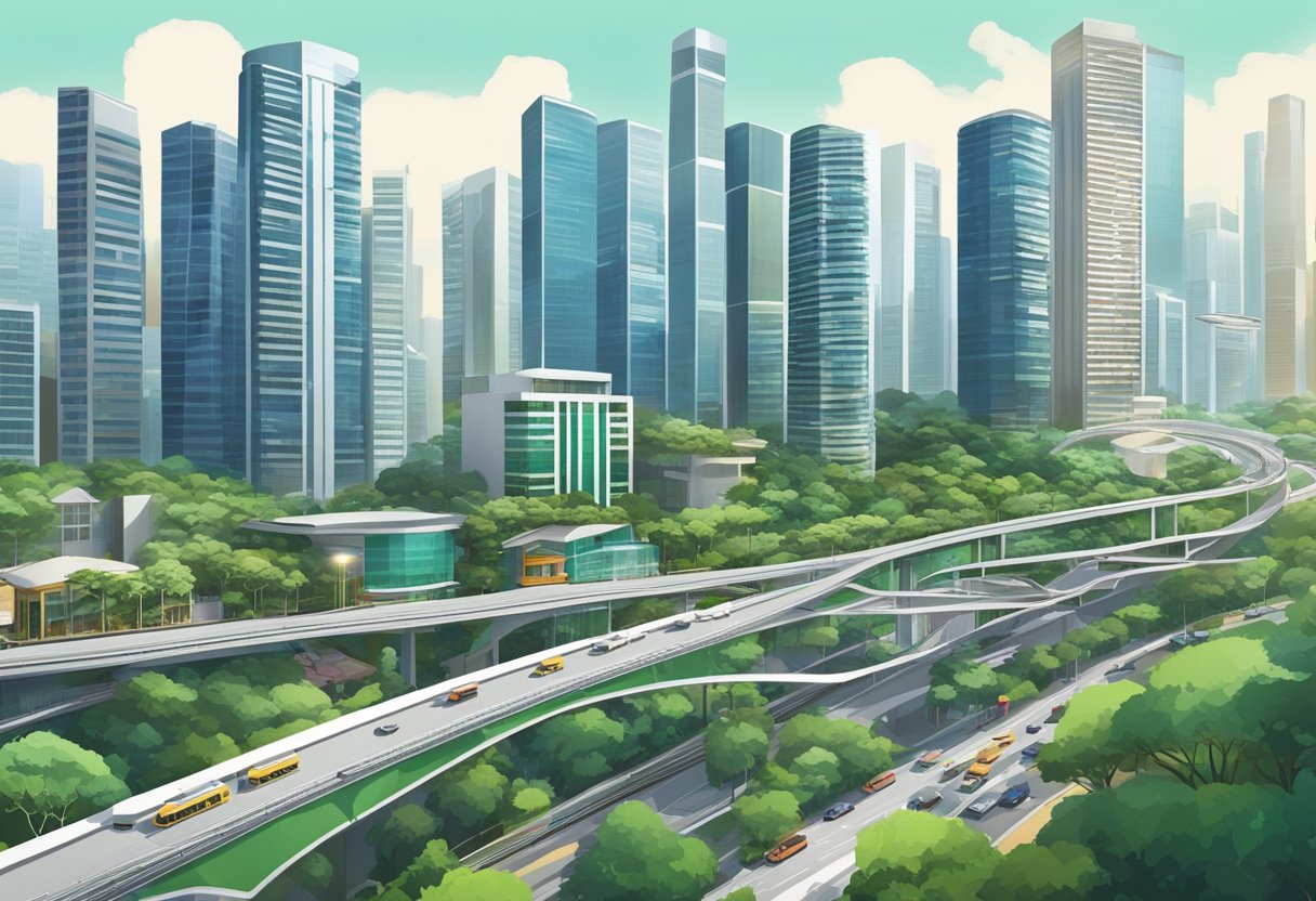 A bustling cityscape with modern skyscrapers, lush greenery, and a network of transportation systems in Phase 3 Singapore