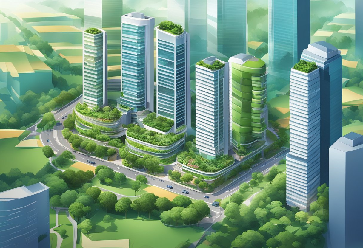 A bustling cityscape with modern skyscrapers and lush greenery, showcasing the vibrant and dynamic atmosphere of Phase 3 in Singapore
