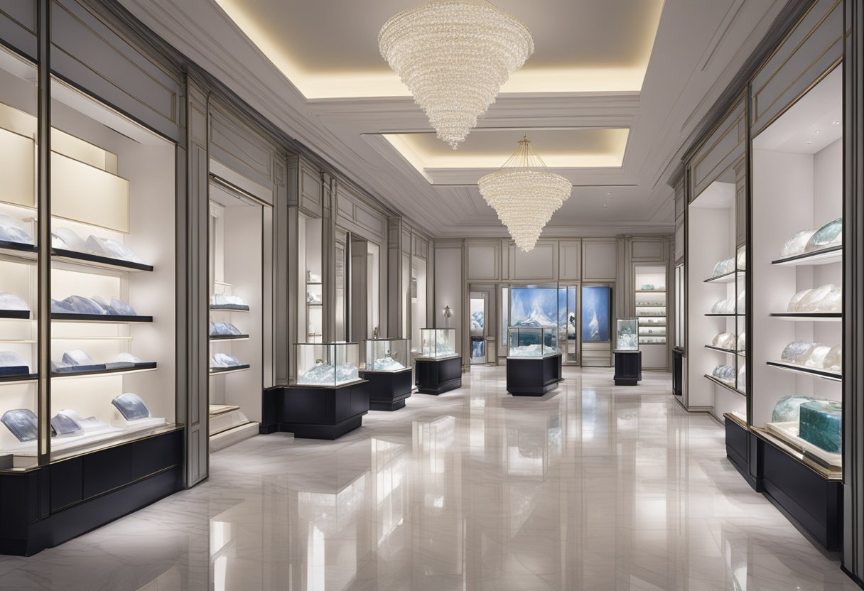 The shimmering lights of Mikimoto Singapore's elegant jewelry store reflect off the polished marble floors, illuminating the exquisite pearl necklaces and earrings on display