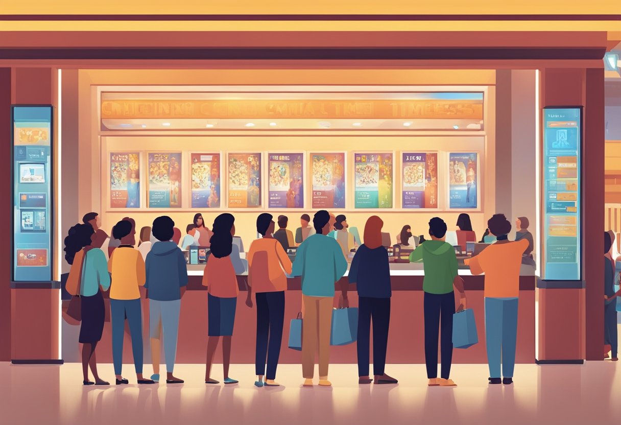 Audience members enter a modern cinema lobby, illuminated by soft lighting. A digital display shows upcoming showtimes. Popcorn and drinks are sold at a concession stand