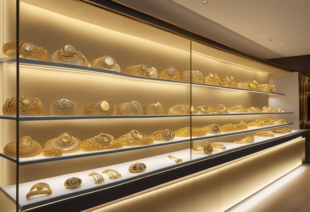 A display of intricate gold bracelets gleaming under soft lighting in a Singapore jewelry boutique