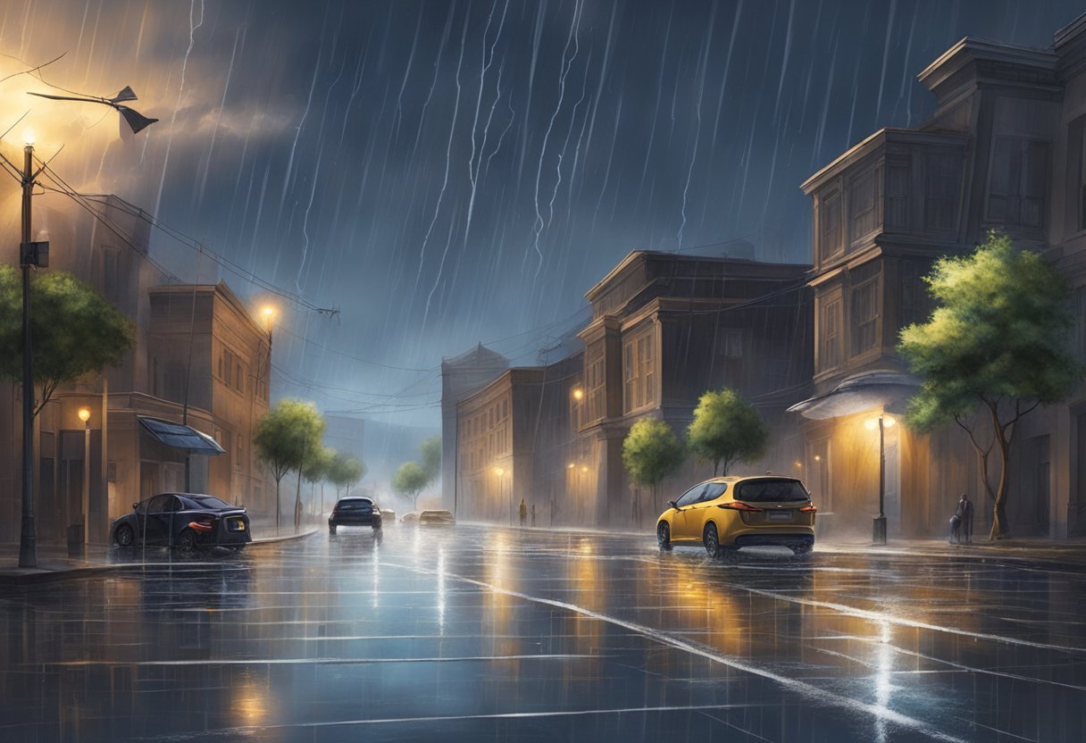 Rain falls in rhythmic patterns, creating puddles on the streets. Lightning streaks across the dark sky as thunder rumbles in the distance