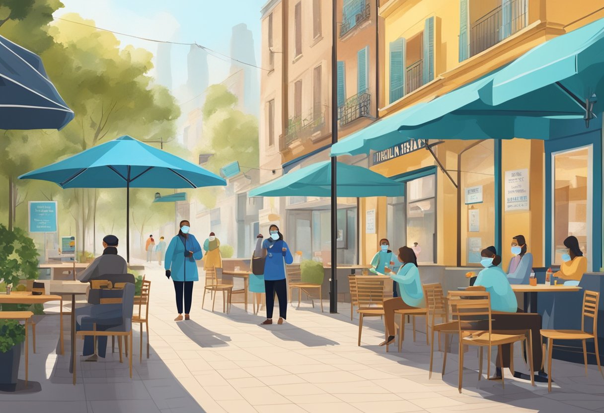 Empty streets with masked figures, socially distanced in outdoor dining areas. Signs promoting health and safety measures. Sanitization stations at every entrance
