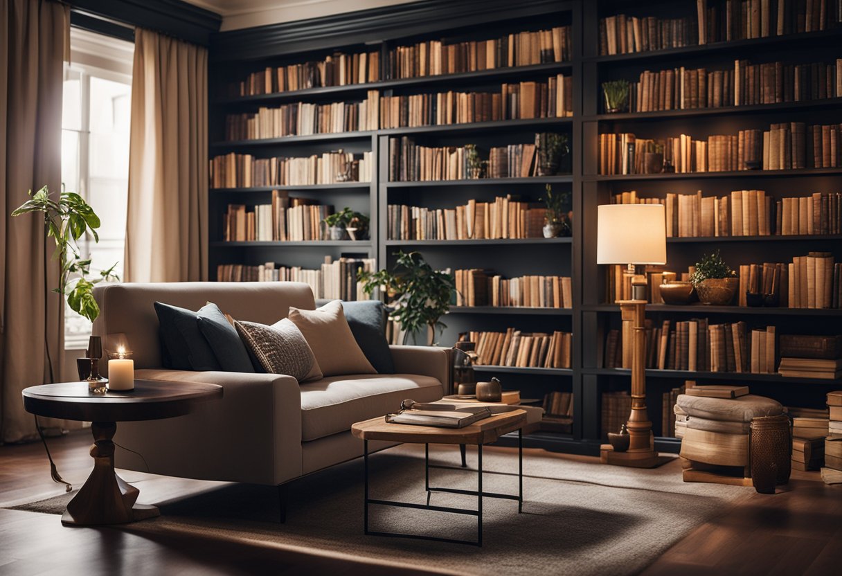 A cozy home library with warm, soft lighting. A mix of floor and table lamps illuminate the shelves of books, creating a welcoming and comfortable reading space