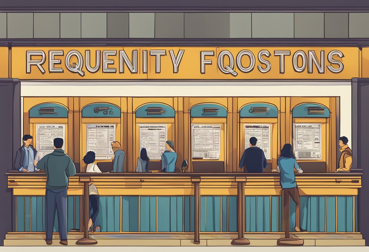Movie ticket booth with "Frequently Asked Questions" sign, people lining up, cinema showtime board in background