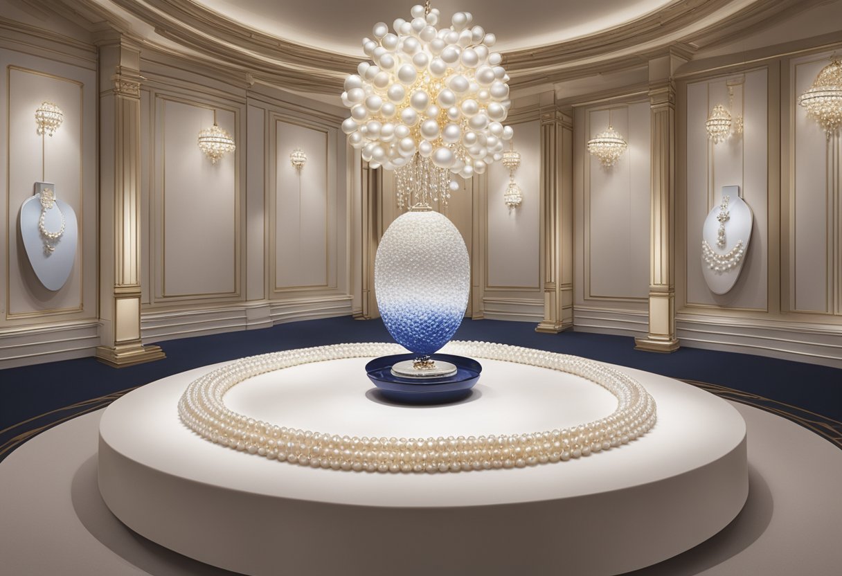 A luxurious display of Mikimoto pearls in an opulent setting, with elegant lighting and intricate details showcasing the legacy of Kokichi Mikimoto
