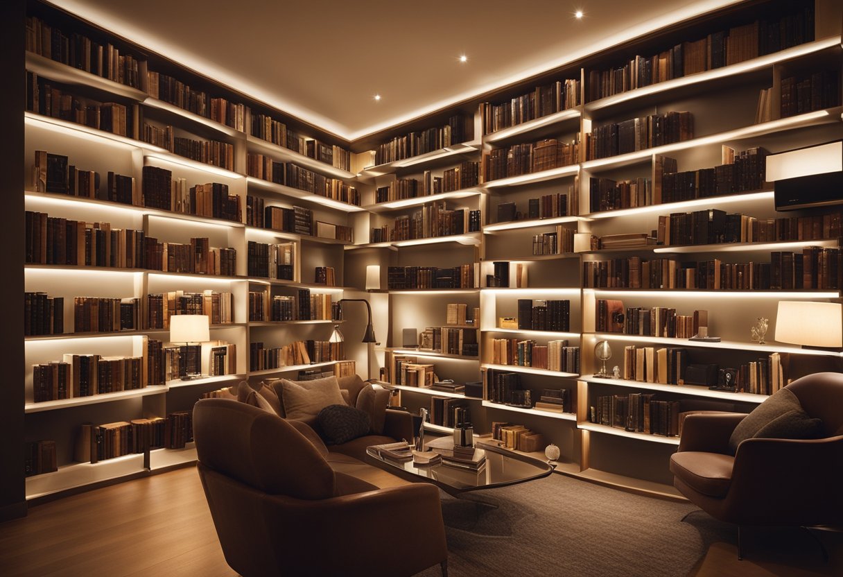 A cozy home library with warm, ambient lighting from a combination of floor lamps and adjustable wall sconces. Bookshelves are illuminated with discreet LED strips, creating a welcoming and functional reading space