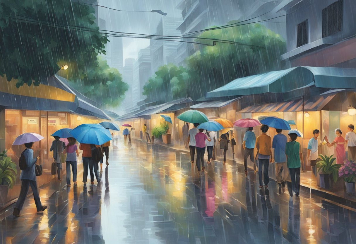 Rain pours down on the bustling streets of Singapore, creating a glistening sheen on the pavement as people hurriedly seek shelter under umbrellas and awnings