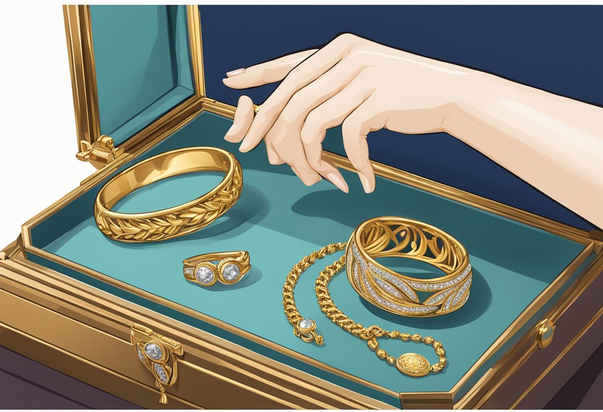A hand reaches for a gold bracelet in a velvet-lined display case. A polishing cloth and jewelry box sit nearby, ready for care