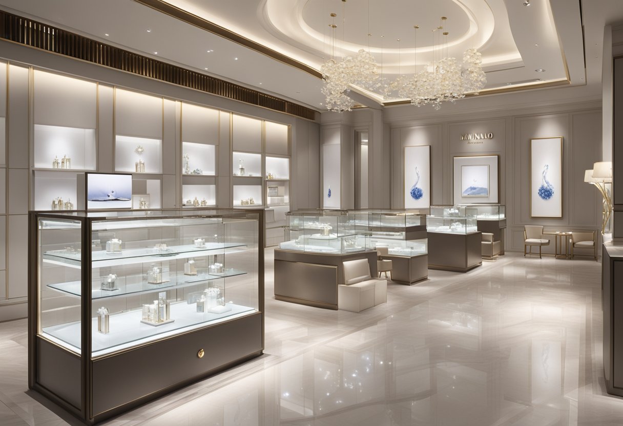 A luxurious display of Mikimoto jewelry in a sleek and modern Singapore store, adorned with elegant lighting and minimalist decor
