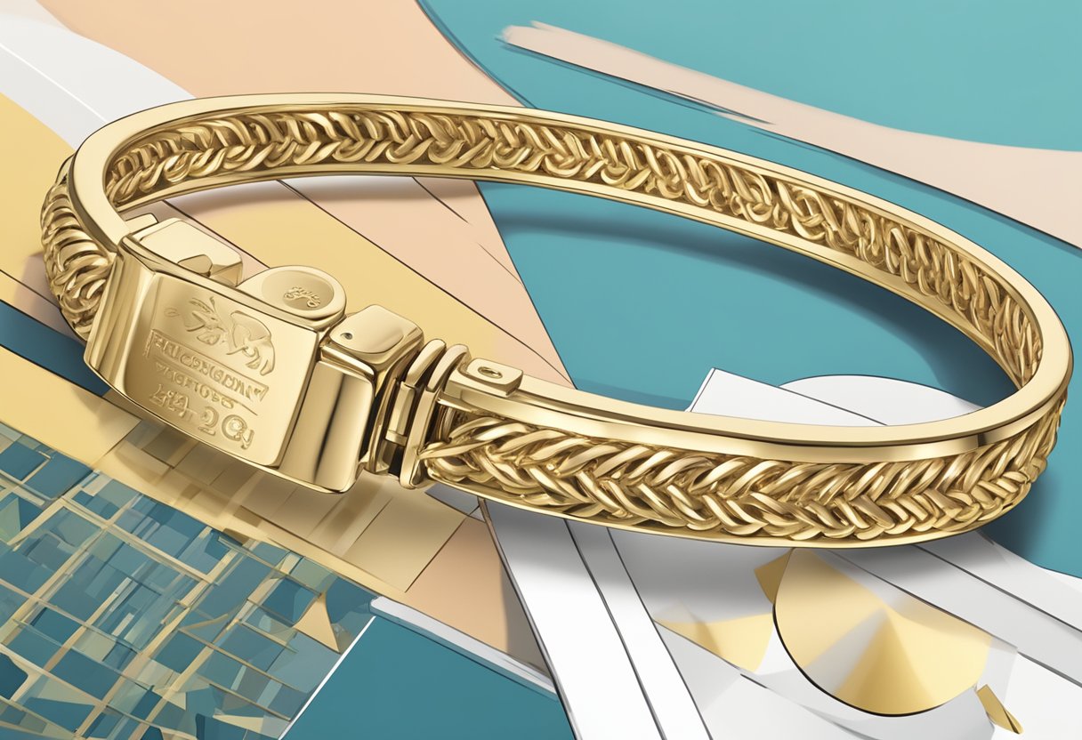 A gold bracelet with "Frequently Asked Questions" engraved, set against a Singaporean backdrop