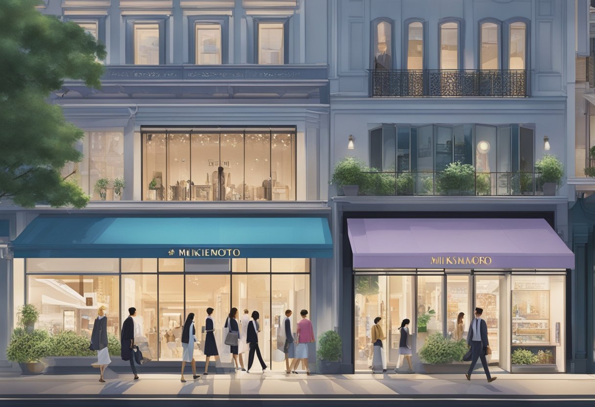 A bustling city street with a prominent sign reading "Frequently Asked Questions mikimoto singapore" above a sleek storefront. Pedestrians walk by, and the vibrant atmosphere suggests a popular destination