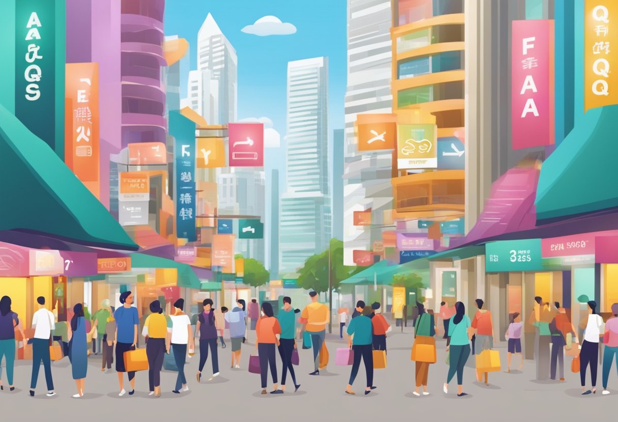 A colorful display of FAQ signs in a bustling Singaporean setting, with people seeking information and assistance