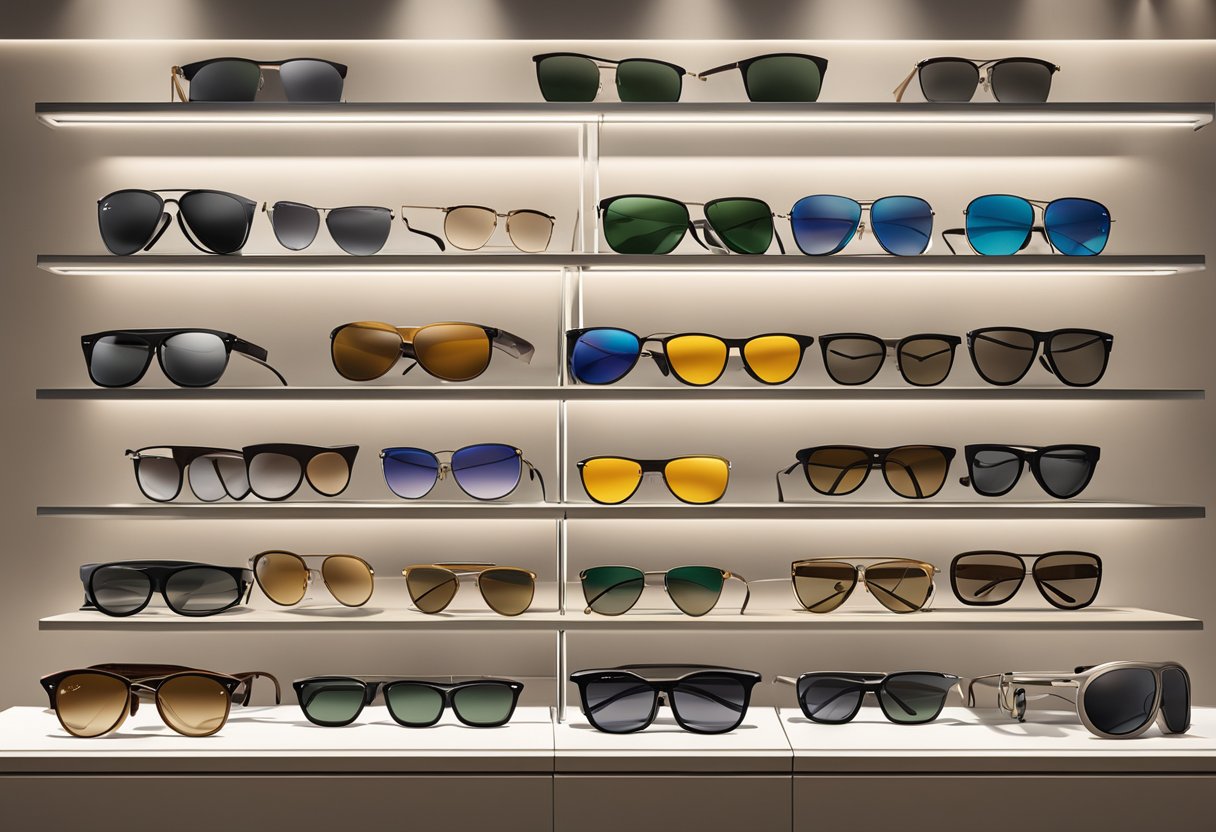 A pair of Ray-Ban sunglasses sits on a sleek, modern display stand in a well-lit store in Singapore. The iconic logo is prominently featured, and the surrounding area is filled with other stylish eyewear options
