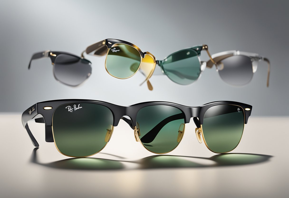 A collection of iconic Ray-Ban sunglasses displayed in a sleek, modern setting with spotlights highlighting the brand's legacy