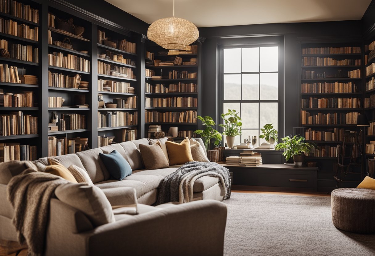 A cozy home library with shelves filled with books on various themes, comfortable seating, and decorative elements reflecting the owner's interests