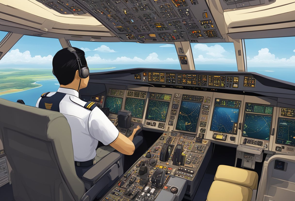 A Singapore Airlines pilot in uniform, seated in a cockpit, surrounded by control panels and instruments, with a view of the runway through the windshield