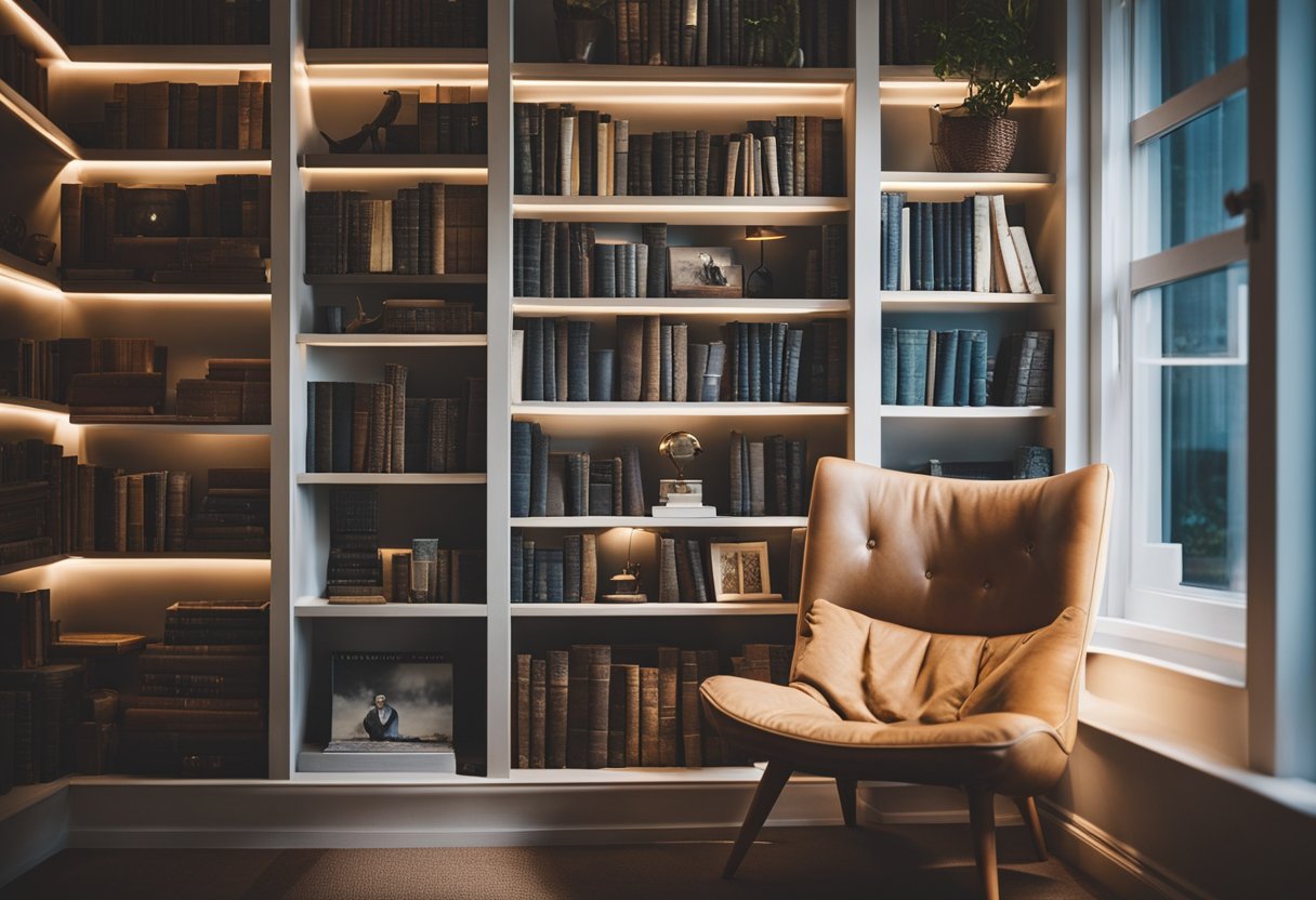 A cozy reading nook with shelves filled with carefully curated books on various topics, organized by theme. A comfortable chair and soft lighting create a welcoming space for diving into the world of literature
