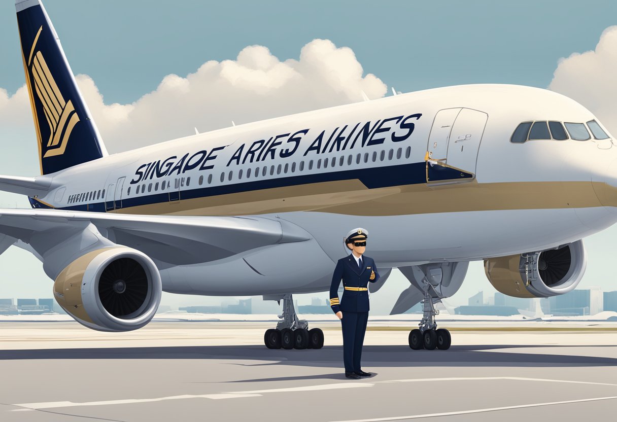 A Singapore Airlines pilot in uniform standing in front of a commercial airplane, with the airline's logo prominently displayed on the aircraft's tail