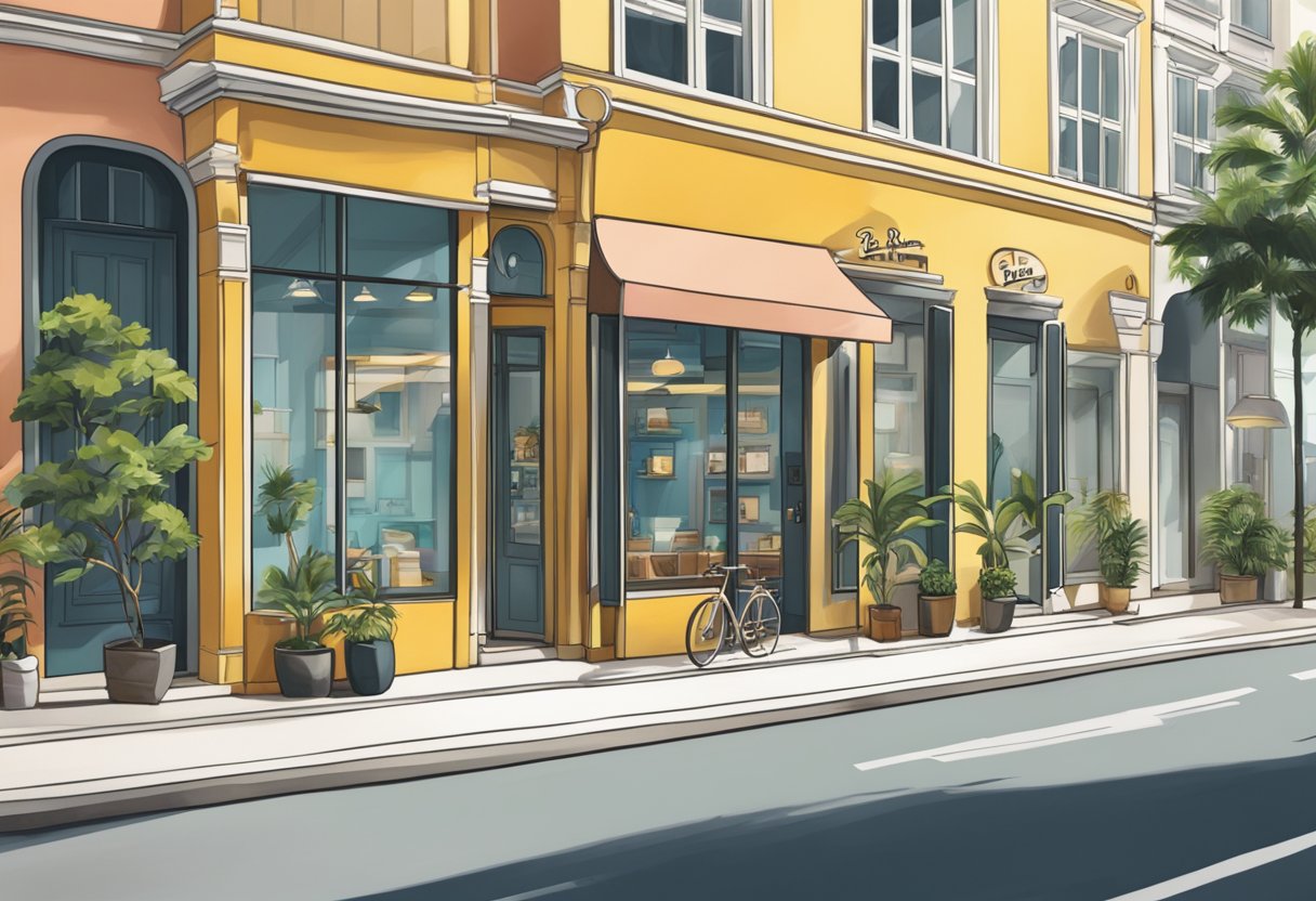 A sunny street in Singapore, with iconic Ray-Ban sunglasses displayed in a storefront window