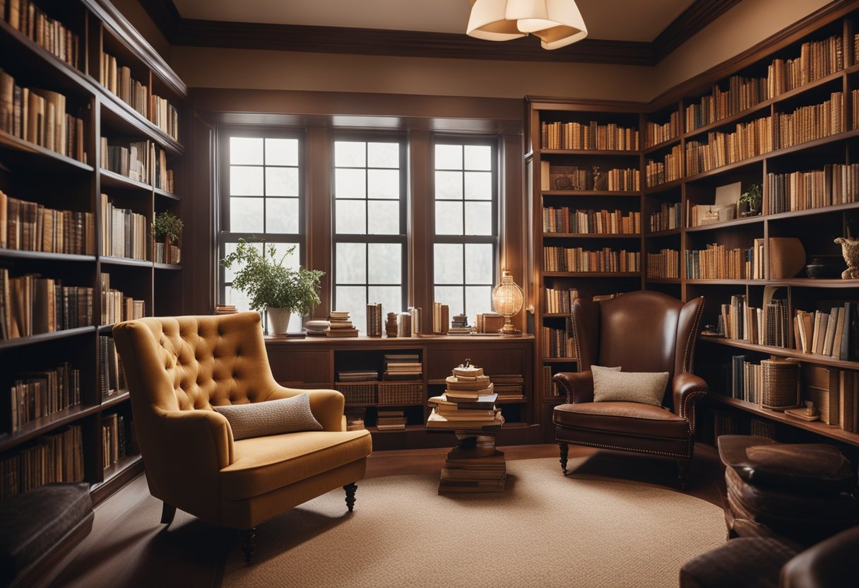 A cozy home library with shelves filled with personal artifacts, vintage decor, and books. A comfortable reading nook with a plush armchair and a warm color scheme