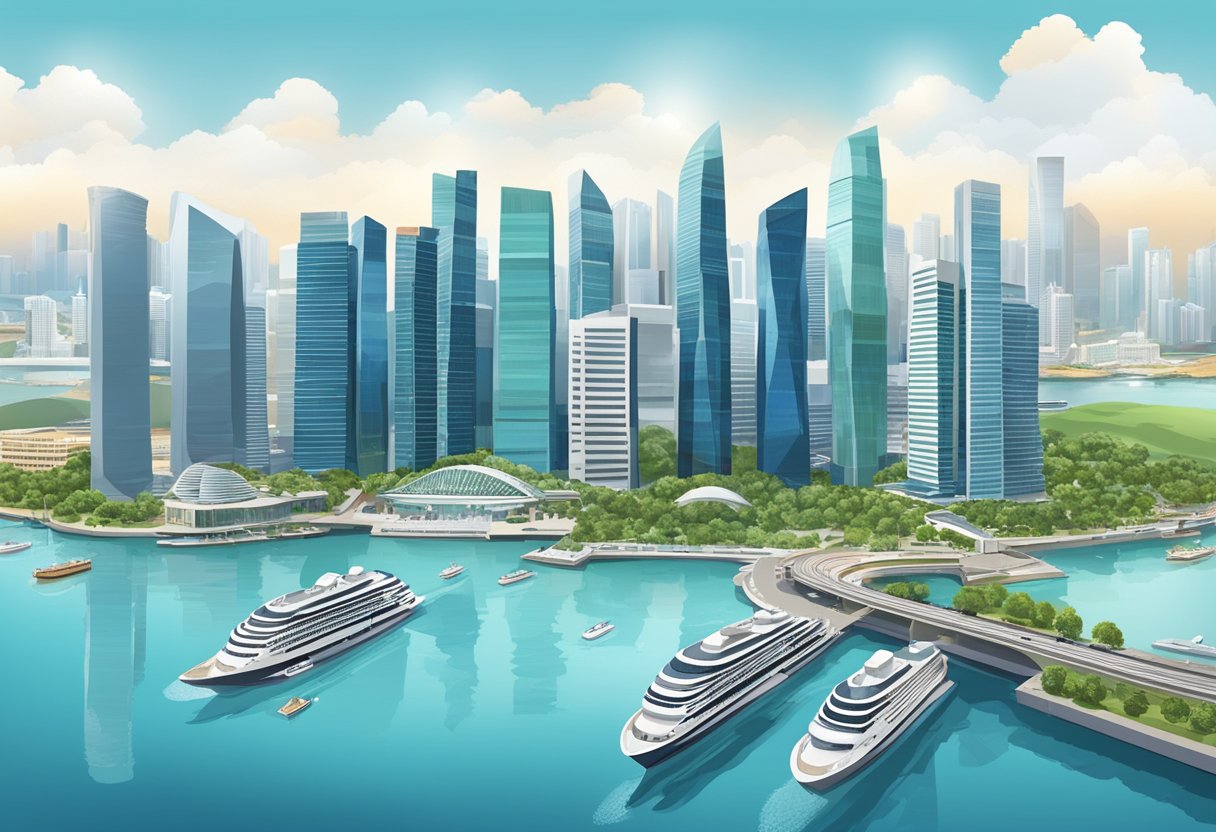 The Singapore business district bustles with skyscrapers and modern architecture, surrounded by the glistening waters of Marina Bay