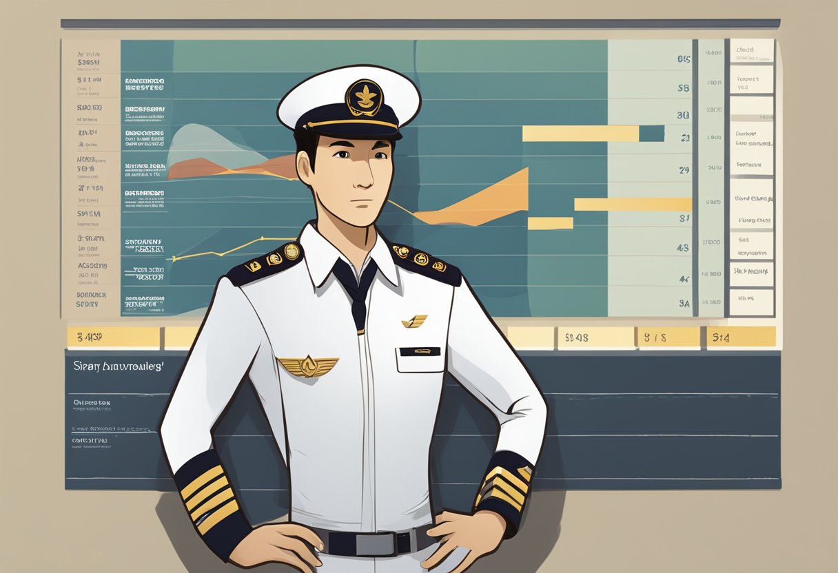 A pilot in a Singapore Airlines uniform stands in front of a salary chart, with a concerned expression