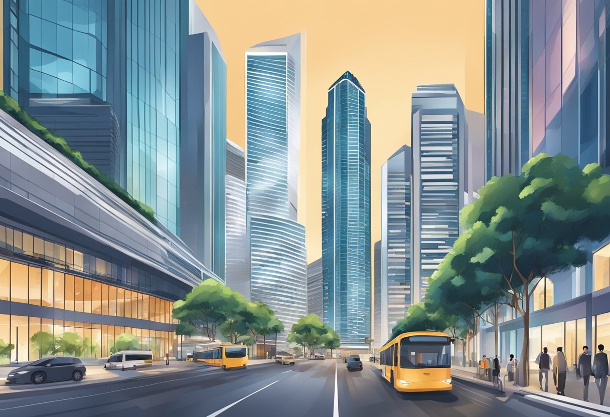 Tall skyscrapers line the bustling streets of Singapore's Business District, with sleek modern architecture and bustling activity